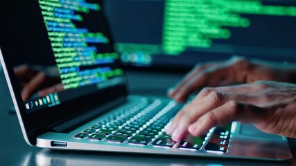 Aufkleber - Close up of software developer hands typing on keyboard, working with green code reflected on glasses, developing new application in dark office