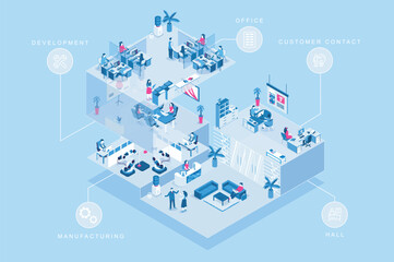 Aufkleber - Creative agency 3d isometric concept for web design. People in isometry rooms working in office, development department, customer contact area, manufacturing, communicate at hall. Vector illustration.