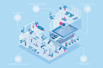 Aufkleber - Fitness gym 3d isometric concept for web design. People in isometry rooms registering at reception, doing group or strength training, exercising at cardio area and swimming pool. Vector illustration.