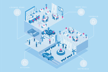 Aufkleber - Restaurant 3d isometric concept for web design. People in isometry rooms come to cafeteria entrance, sit by tables in main hall or terrace, drinking at bar, staff work at kitchen. Vector illustration.