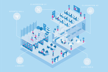 Aufkleber - School learning 3d isometric concept for web design. People in isometry rooms learning at classrooms, reading books in library, training at sports hall, eating at cafeteria. Vector illustration.