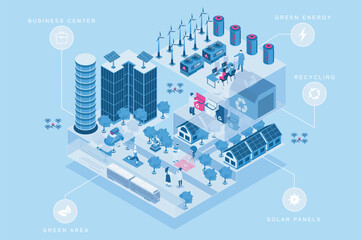 Aufkleber - Smart city 3d isometric concept for web design. People in isometry rooms living in residential zone with solar panels and green area, using eco energy, work in business center. Vector illustration.