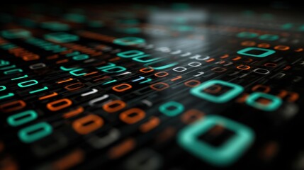 Abstract image of binary code pattern with teal and orange colors on a dark background surface