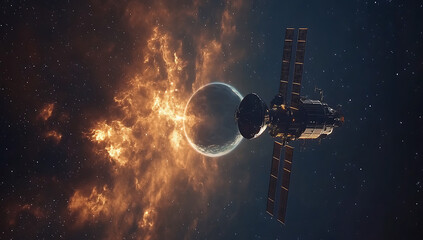 Wall Mural - A satellite floats in deep space illuminated by a nearby moon and a swirling nebula of orange and yellow.