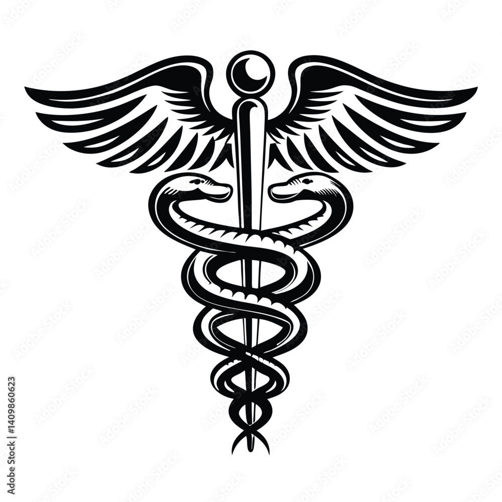 Monochrome Caduceus Winged Staff with Intertwined Serpents in Bold ...