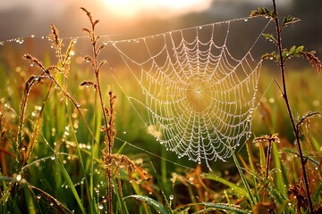 Wall Mural - Dew forming on spiderweb in early sunlight