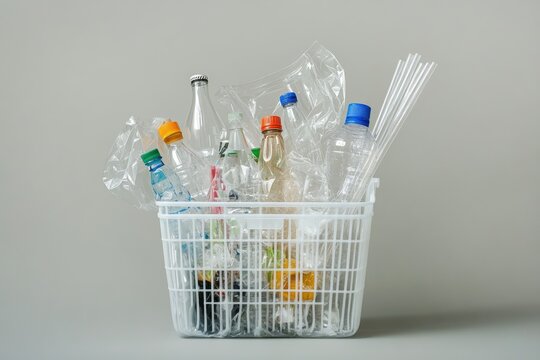 Plastic waste in a white basket against a gray background
