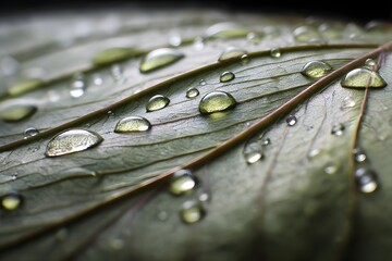 Wall Mural - Leaf surface with raindrop trails soft morning
