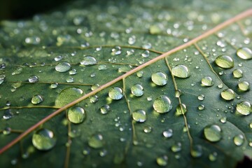Wall Mural - Leaf surface with raindrop trails soft morning 