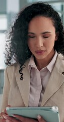 Poster - Thinking, typing and woman in office with tablet, scroll and contact on content marketing website. Research, networking and consultant on digital app for online schedule, email or user experience