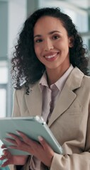 Poster - Face, typing and woman in business with tablet, scroll and communication on content marketing website. Search, smile and happy consultant on digital app for online schedule, email or user experience