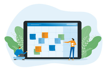 Poster - Flat vector illustration design Business planning concept and Business people team working management project schedule with digital online calendar.
