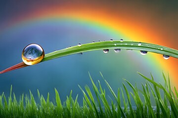 Wall Mural - Raindrop catching rainbow spectrum on blade 