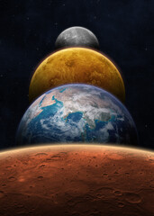 Wall Mural - planetary alignment. solar system planets: mars, earth, venus, mercury. beautiful sci-fi wallpaper. 
