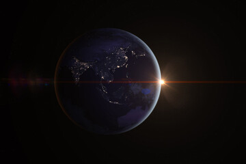 space, sun and planet earth. eastern hemisphere. asia. india, china, japan, north korea, south korea