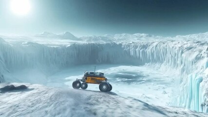 Aufkleber - A humanoid explorer vehicle navigates a frozen terrain on an alien planet. The vast glacier stretches in the background, illuminated by a distant sun, emphasizing the uncharted beauty of space.