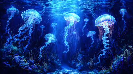 Wall Mural - undersea forest bathed in blue light, where jellyfish drift through glowing vines that twist around massive coral spires 