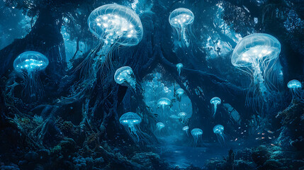 Wall Mural - undersea forest bathed in blue light, where jellyfish drift through glowing vines that twist around massive coral spires 