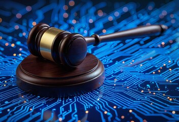 Wall Mural - a dark wooden gavel rests on a sound block against a vibrant blue digital circuit board background, symbolizing the intersection of law and technology.