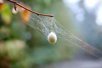 Wall Mural - Spider egg sac suspended in web delicate