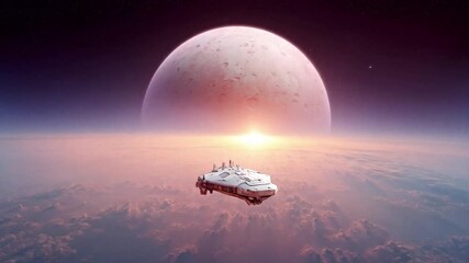 Aufkleber - A humanoid explorer navigates a sleek spacecraft through the vast expanse of space. Planets loom in the background as the sun rises over a distant horizon, revealing a breathtaking cosmic landscape.