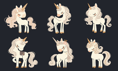 Wall Mural - A set of flat vector illustrations in a simple childish style. Cute unicorns and pegasi on dark background. Vector illustration