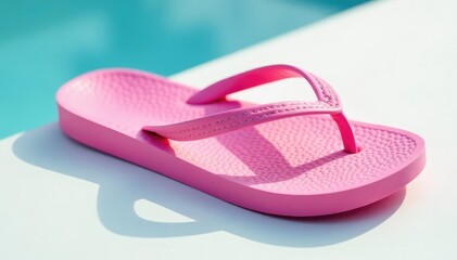 Wall Mural - Close-up view of a pink flip-flop on a white surface, summer footwear, macro
