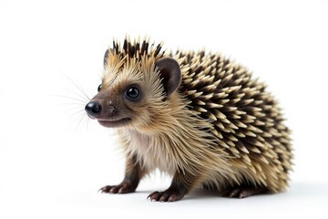 Wall Mural - European hedgehog in a defensive posture on a seamless white backdrop , prickles, nature, wild