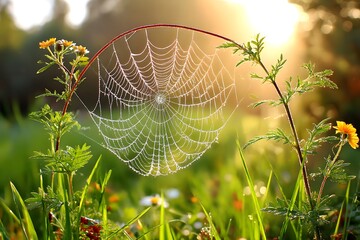 spiderweb with dew in sunlight fragile