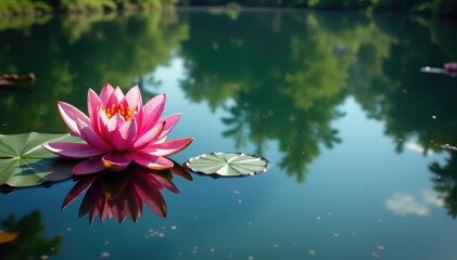 Wall Mural - Intricate floral design reflected on calm lake surface, graphic, eco, closeup