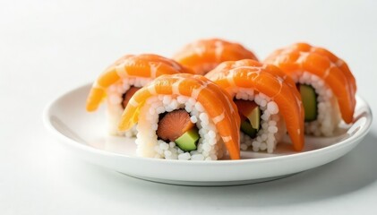 Wall Mural - Perfectly arranged sushi, vibrant colors, minimalist white background, texture, background, appetizer