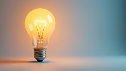 Wall Mural - Single lightbulb glowing brightly on white background, perspective, studio shot, background