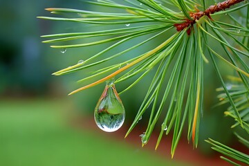 Wall Mural - Water drop hanging from pine needle refracting