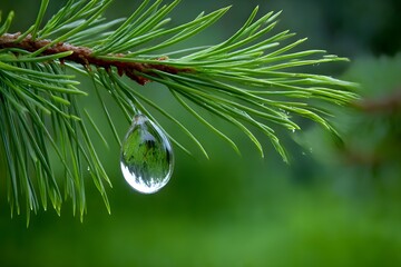 Wall Mural - Water drop hanging from pine needle refracting