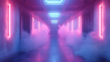 Wall Mural - Illuminated neon corridor with fog futuristic interior digital art environment perspective view cyberpunk concept