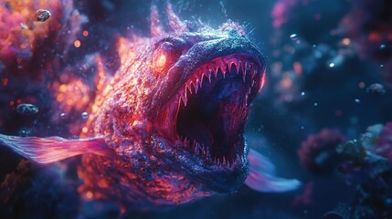 Wall Mural - Vibrant underwater encounter with a ferocious creature ocean depths digital art fantasy realm close-up mythical beasts