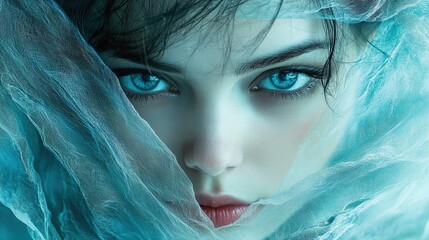 Wall Mural - Mystical portrait of a young woman with striking blue eyes ethereal setting artistic photography close-up view