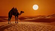 © FC - Camel walking alone across golden sand dunes under blazing sun, heat haze and vast desert horizon