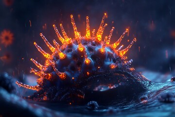 Wall Mural - 3d visualization of a virus, with its capsid spikes and rna strands glowing, creating a captivating 