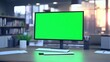 © CStock - Modern office workspace with a green screen monitor, ideal for presentations or creative projects in a professional environment.