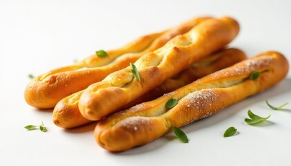 Wall Mural - Rustic Italian breadsticks on white, close-up, appetizer, white, grissini
