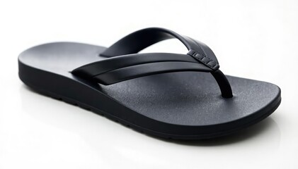 Wall Mural - Single black flip-flop on white background, close-up view, apparel, backdrop