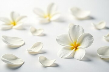 Wall Mural - Soft focus white flower petals scattered on pure white background, elegance, floral