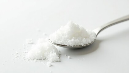 Wall Mural - Spoonful of white sugar against white backdrop, macro photography, photography