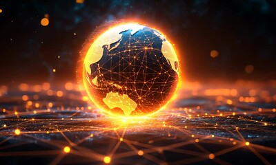 Wall Mural - fiery, networked globe on a digital landscape.