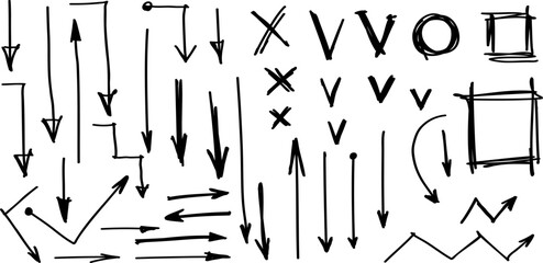 Leinwandbilder - Hand drawn arrows, text underline strokes, emphasis marks, highlights. Set of Sketches of arrows, ellipse, rectangle, oval and mark. Collection of vector doodle elements and shapes for notes
