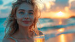 © wasan - Young woman with a carefree expression, enjoying a cocktail on the beach, with the ocean and sunset creating a picturesque backdrop