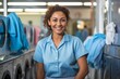 © CojanAI - Portrait of a smiling Hispanic woman working at laundromat