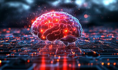 Wall Mural - digital brain over circuit board illustration.