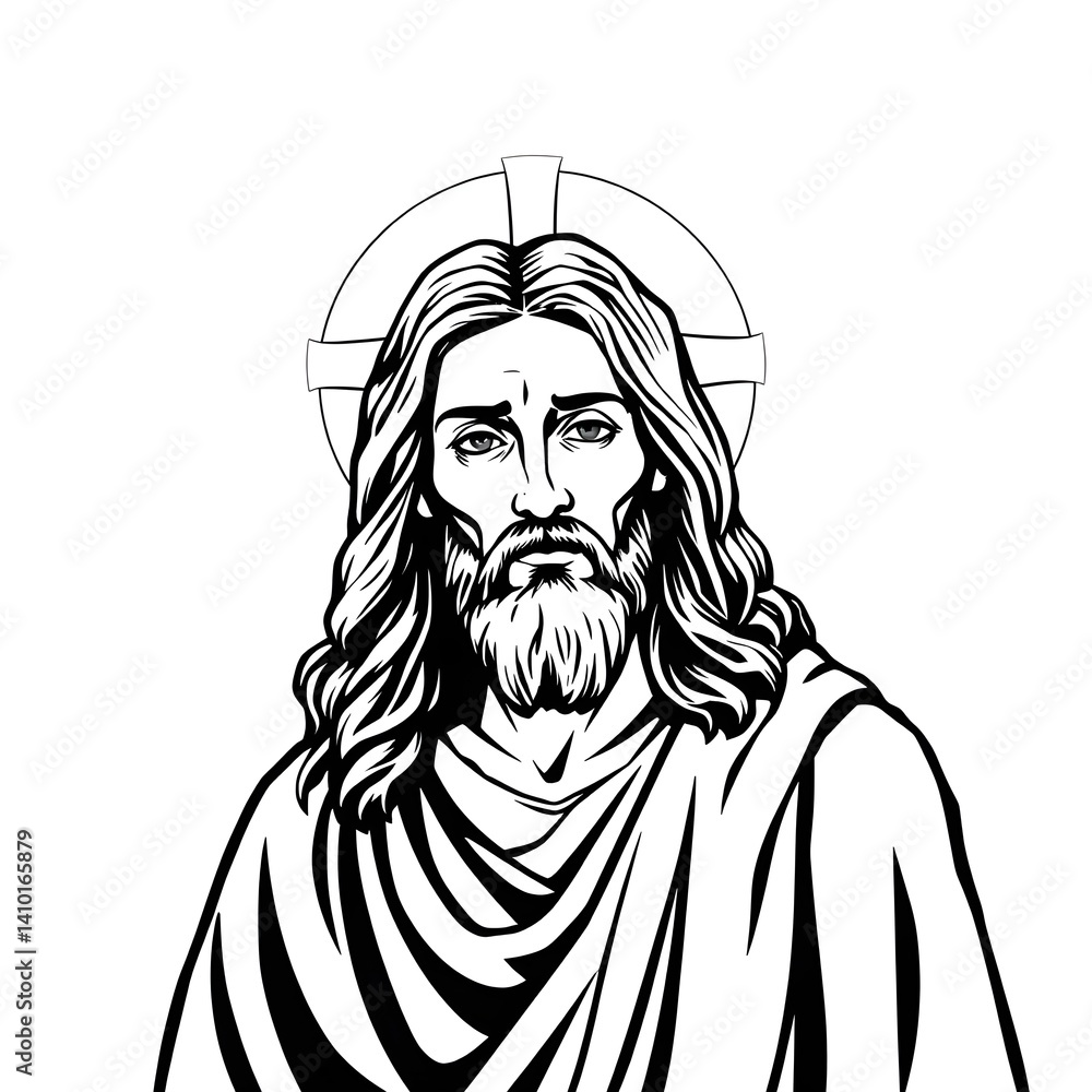 Black and White Jesus Christ Line Art Drawing with Halo Stock ...